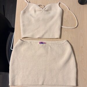 Cream Ribbed Crop Top and Skirt matching set
